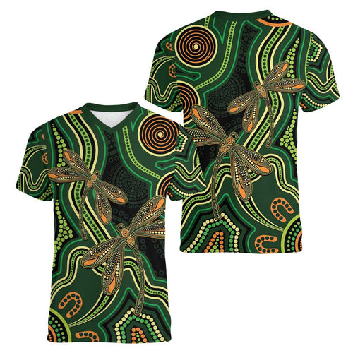 Green Indigenous Dragonfly Australia Women V-Neck T-Shirt Aboriginal Art - Aussie Hoodie