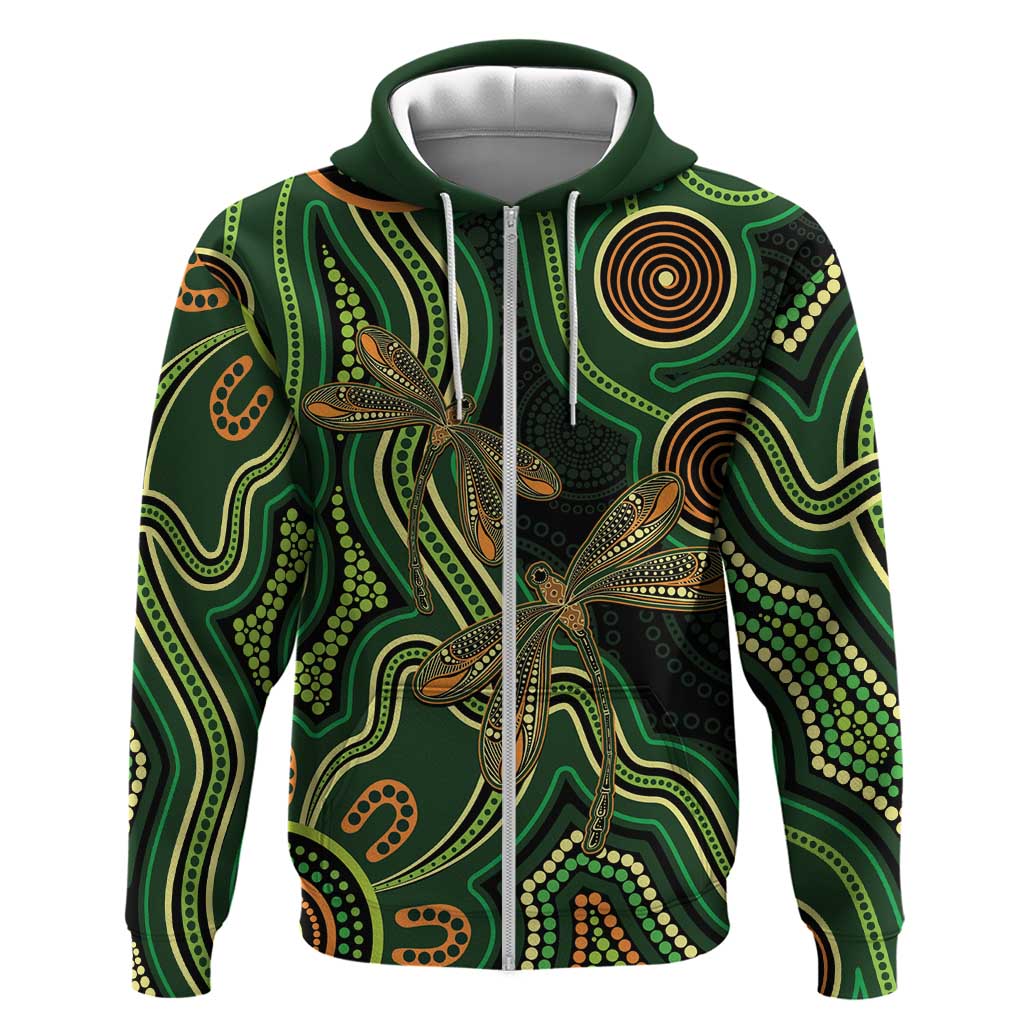 Green Indigenous Dragonfly Australia Zip Hoodie Aboriginal Art - Aussie Hoodie