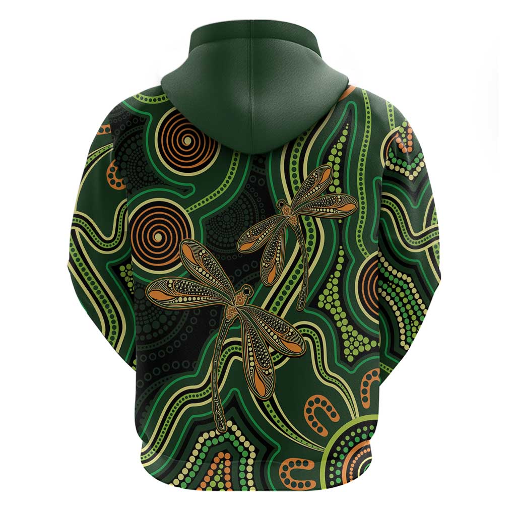 Green Indigenous Dragonfly Australia Zip Hoodie Aboriginal Art - Aussie Hoodie