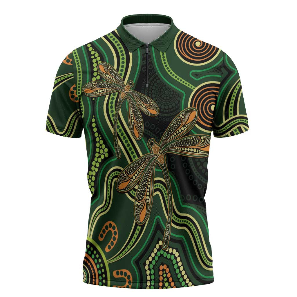 Green Indigenous Dragonfly Australia Zipper Polo Shirt Aboriginal Art - Aussie Hoodie