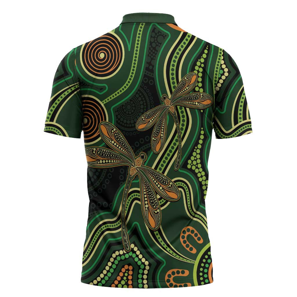 Green Indigenous Dragonfly Australia Zipper Polo Shirt Aboriginal Art - Aussie Hoodie
