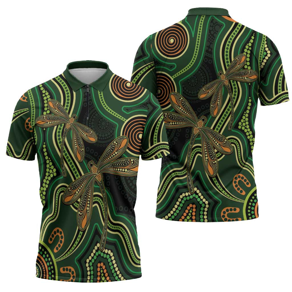Green Indigenous Dragonfly Australia Zipper Polo Shirt Aboriginal Art - Aussie Hoodie