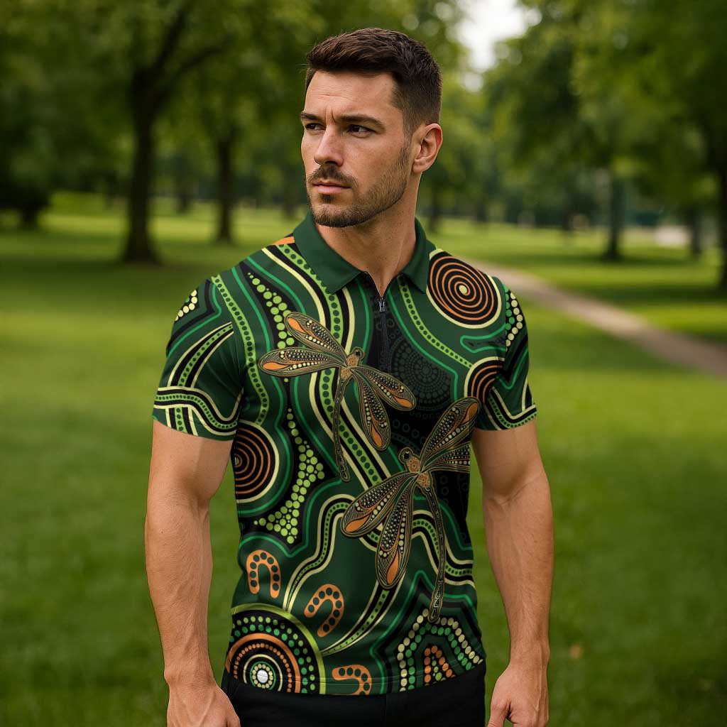 Green Indigenous Dragonfly Australia Zipper Polo Shirt Aboriginal Art - Aussie Hoodie