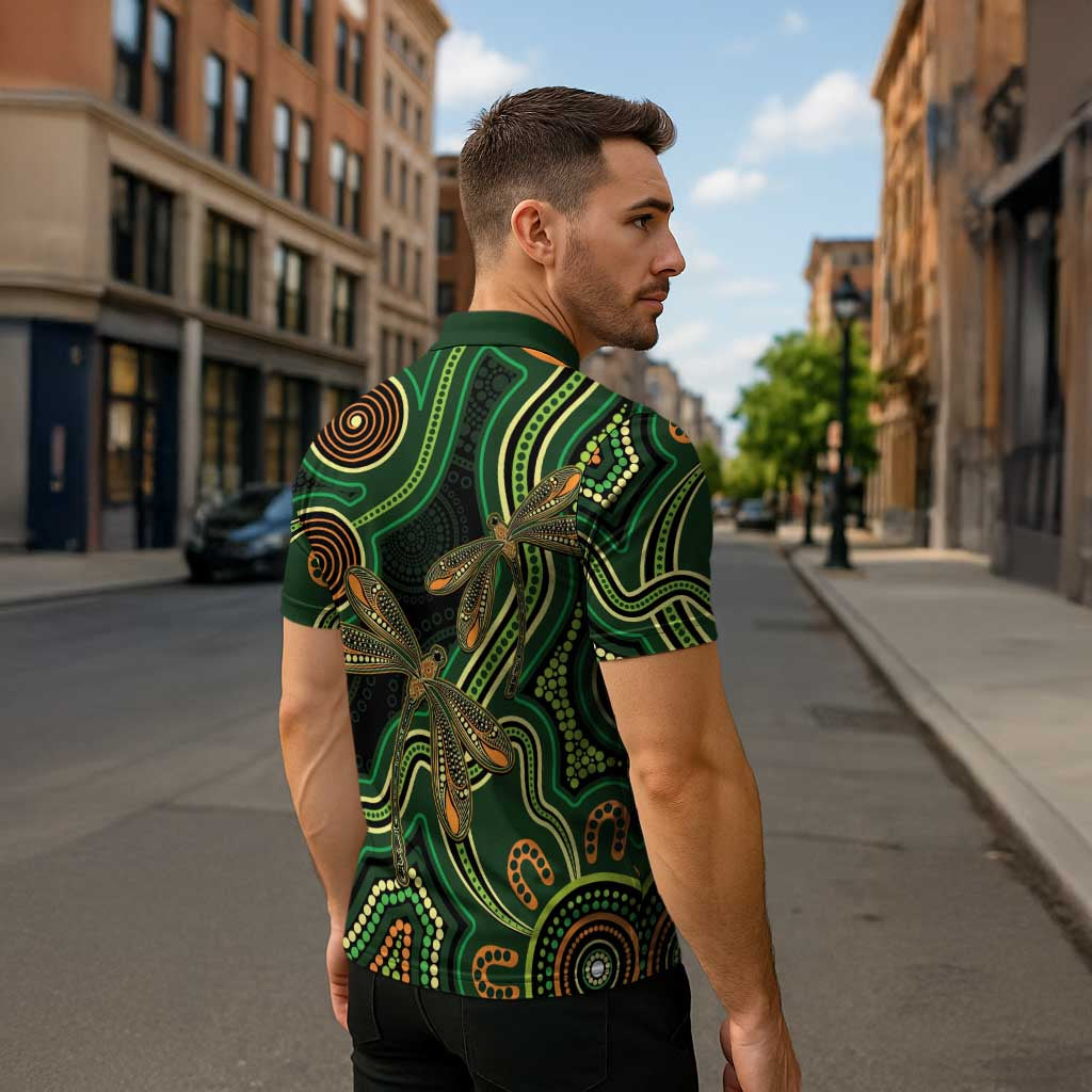 Green Indigenous Dragonfly Australia Zipper Polo Shirt Aboriginal Art - Aussie Hoodie
