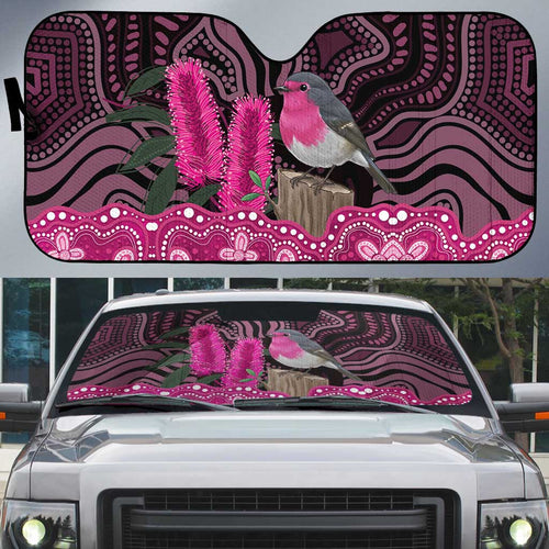 Australia Indigenous Auto Sun Shade Breast Cancer Pink Robin Bottlebrush Aboriginal Art - Aussie Hoodie