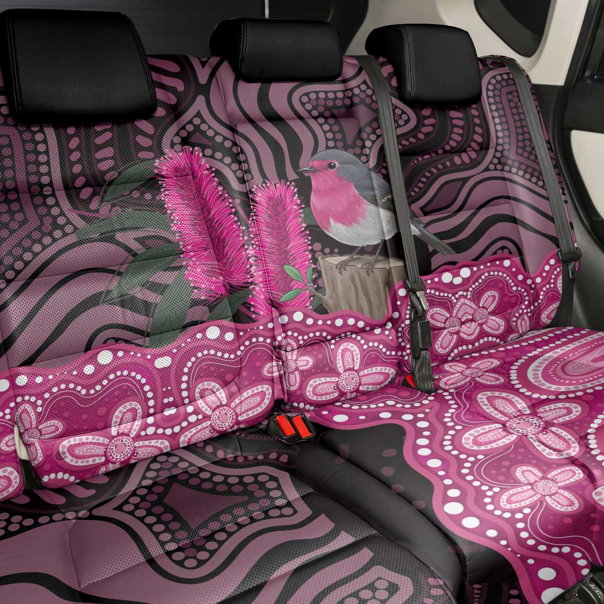 Australia Indigenous Back Car Seat Cover Breast Cancer Pink Robin Bottlebrush Aboriginal Art - Aussie Hoodie