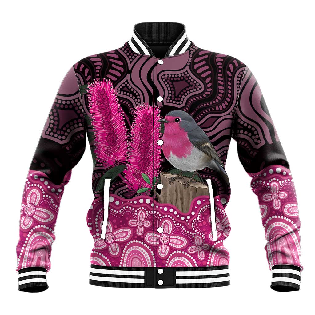 Australia Indigenous Baseball Jacket Breast Cancer Pink Robin Bottlebrush Aboriginal Art - Aussie Hoodie