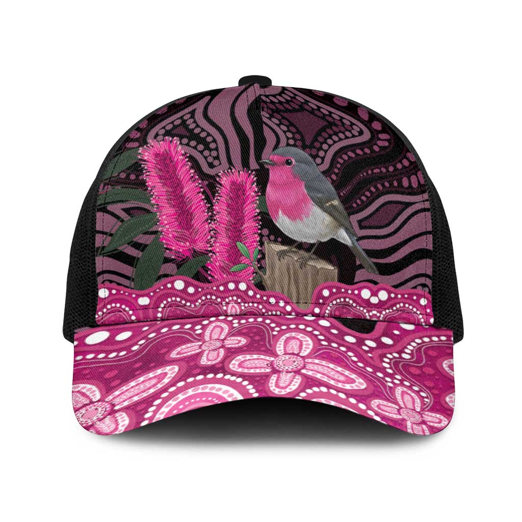 Australia Indigenous Baseball Net Cap Breast Cancer Pink Robin Bottlebrush Aboriginal Art - Aussie Hoodie