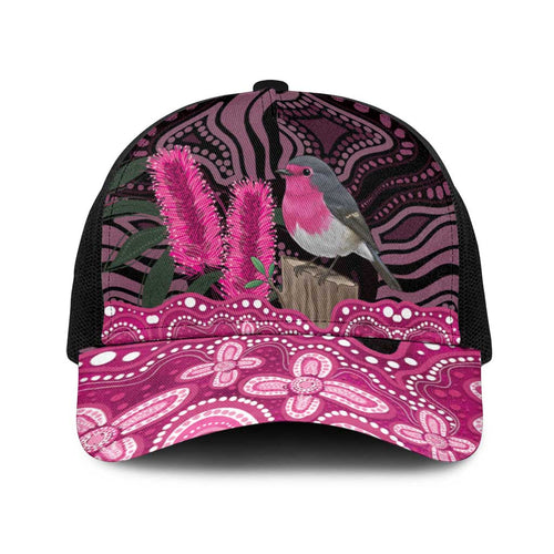 Australia Indigenous Baseball Net Cap Breast Cancer Pink Robin Bottlebrush Aboriginal Art - Aussie Hoodie