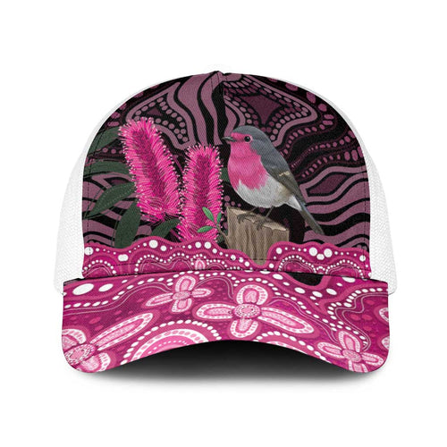 Australia Indigenous Baseball Net Cap Breast Cancer Pink Robin Bottlebrush Aboriginal Art - Aussie Hoodie