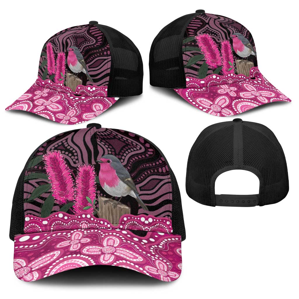 Australia Indigenous Baseball Net Cap Breast Cancer Pink Robin Bottlebrush Aboriginal Art - Aussie Hoodie