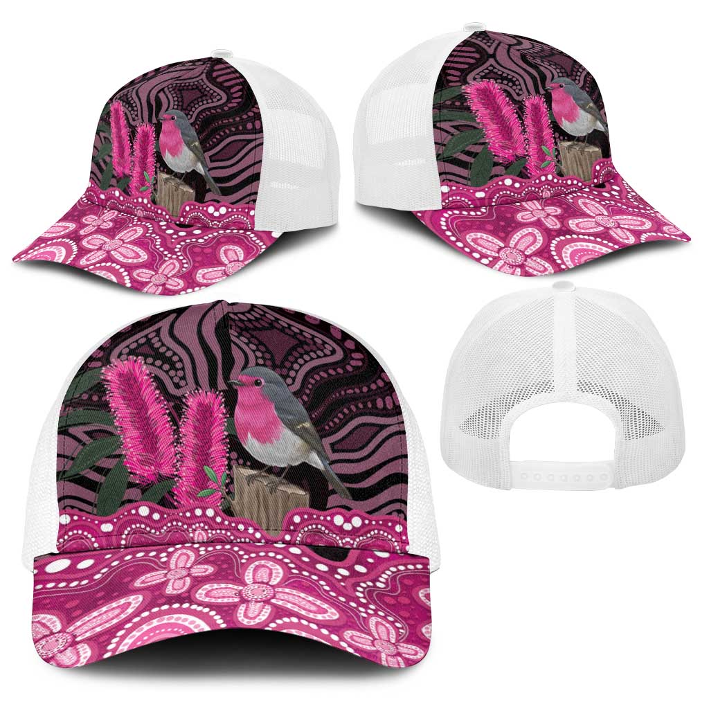 Australia Indigenous Baseball Net Cap Breast Cancer Pink Robin Bottlebrush Aboriginal Art - Aussie Hoodie