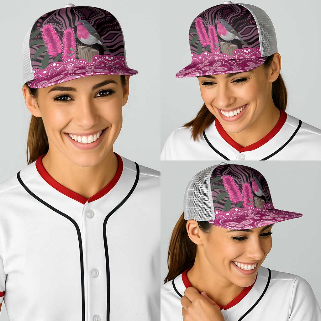 Australia Indigenous Baseball Net Cap Breast Cancer Pink Robin Bottlebrush Aboriginal Art - Aussie Hoodie