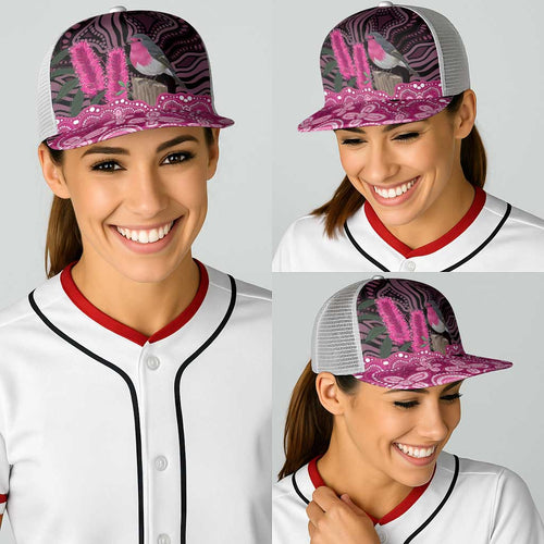 Australia Indigenous Baseball Net Cap Breast Cancer Pink Robin Bottlebrush Aboriginal Art - Aussie Hoodie