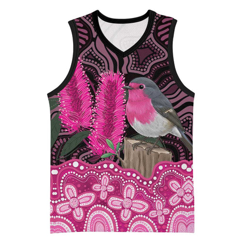 Australia Indigenous Basketball Jersey Breast Cancer Pink Robin Bottlebrush Aboriginal Art - Aussie Hoodie