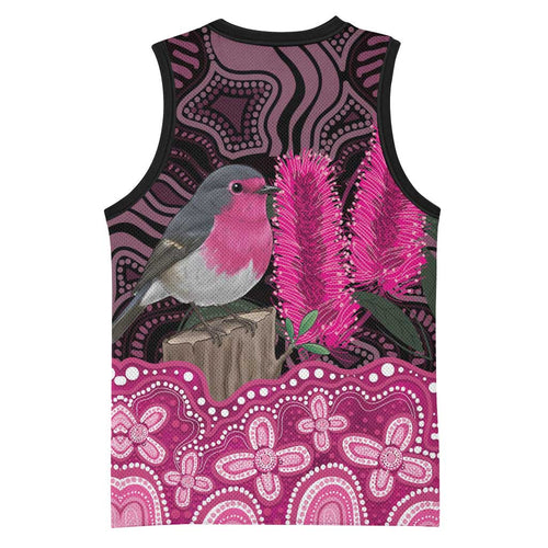 Australia Indigenous Basketball Jersey Breast Cancer Pink Robin Bottlebrush Aboriginal Art - Aussie Hoodie