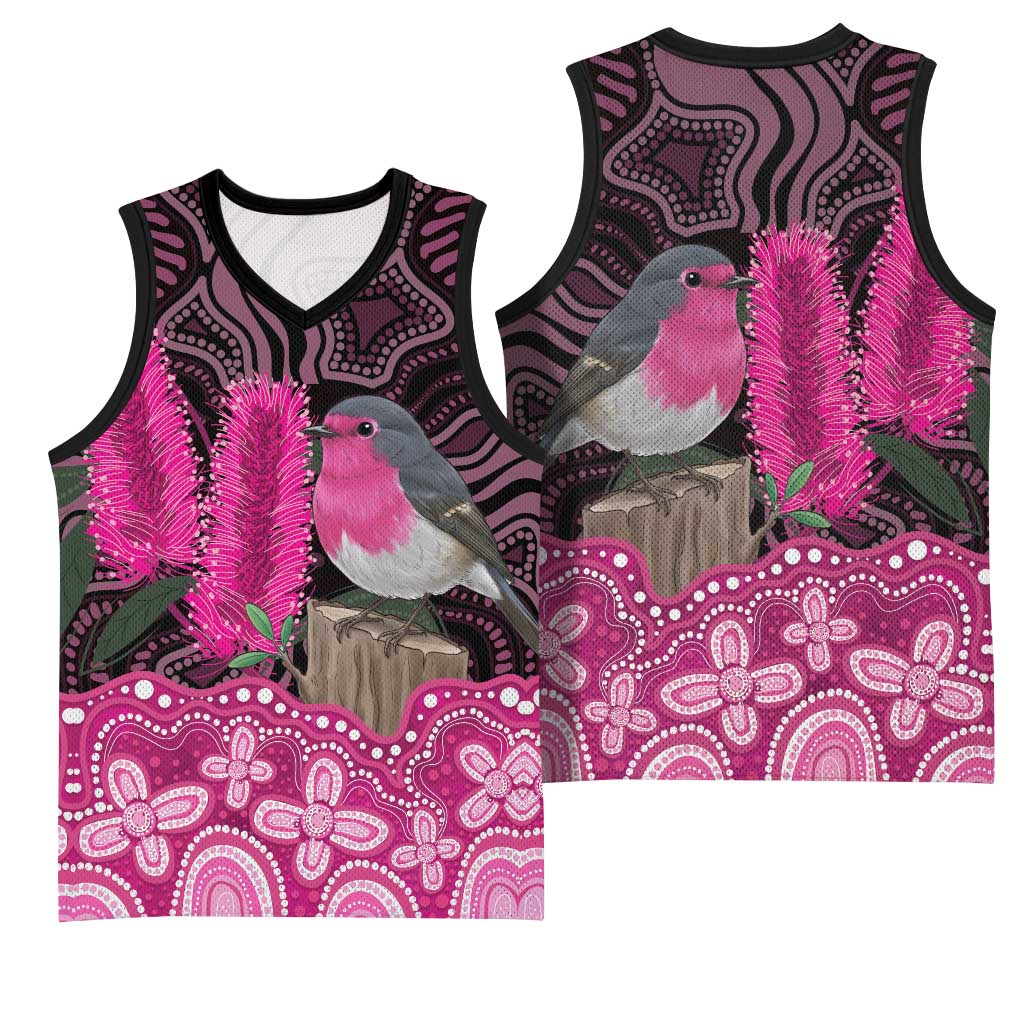 Australia Indigenous Basketball Jersey Breast Cancer Pink Robin Bottlebrush Aboriginal Art - Aussie Hoodie