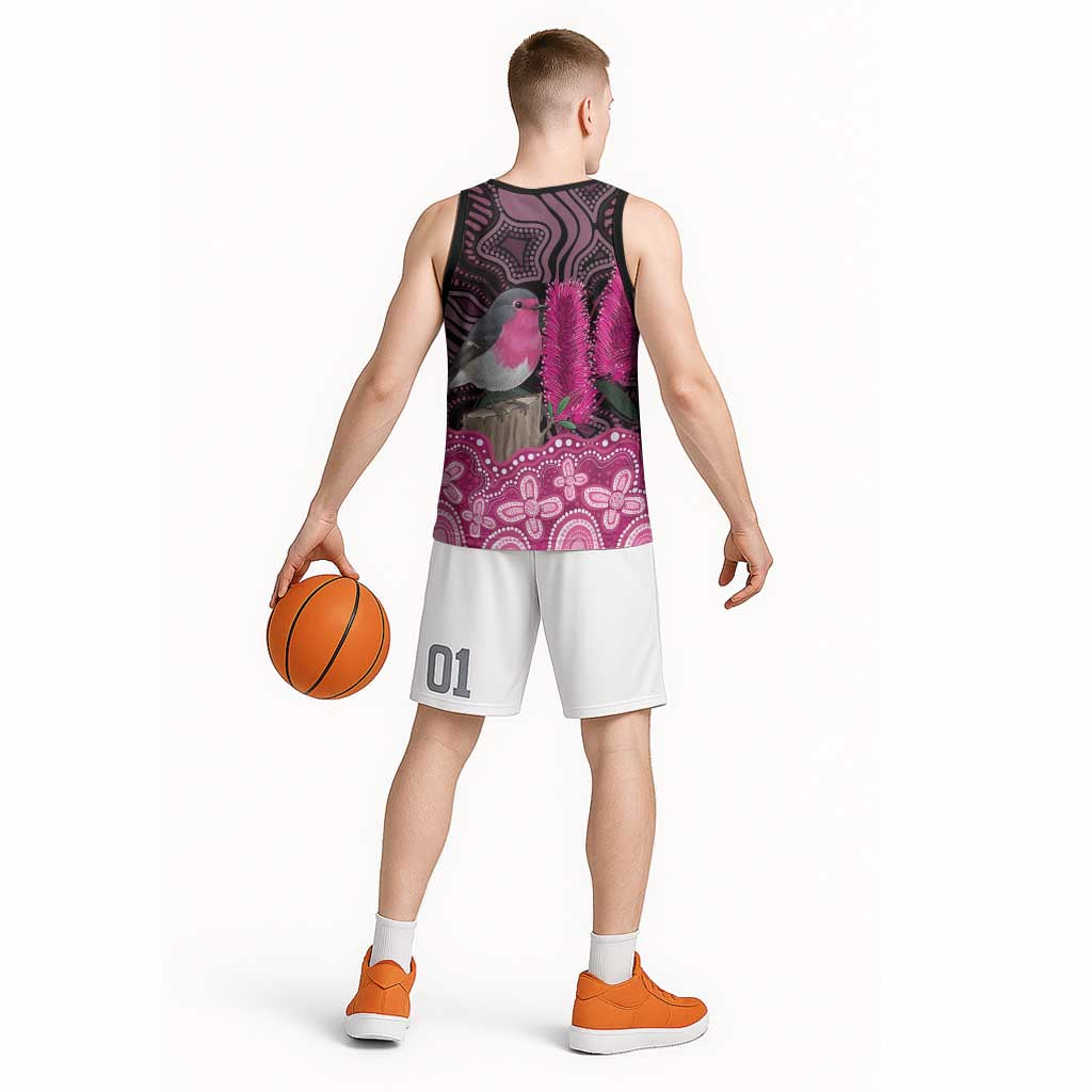 Australia Indigenous Basketball Jersey Breast Cancer Pink Robin Bottlebrush Aboriginal Art - Aussie Hoodie