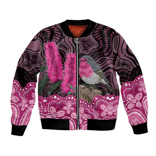 Australia Indigenous Bomber Jacket Breast Cancer Pink Robin Bottlebrush Aboriginal Art - Aussie Hoodie