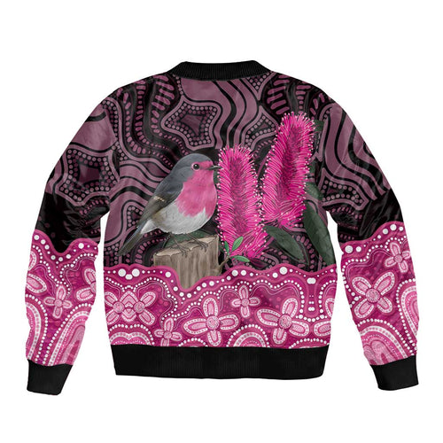 Australia Indigenous Bomber Jacket Breast Cancer Pink Robin Bottlebrush Aboriginal Art - Aussie Hoodie