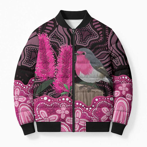 Australia Indigenous Bomber Puffer Jacket Breast Cancer Pink Robin Bottlebrush Aboriginal Art - Aussie Hoodie