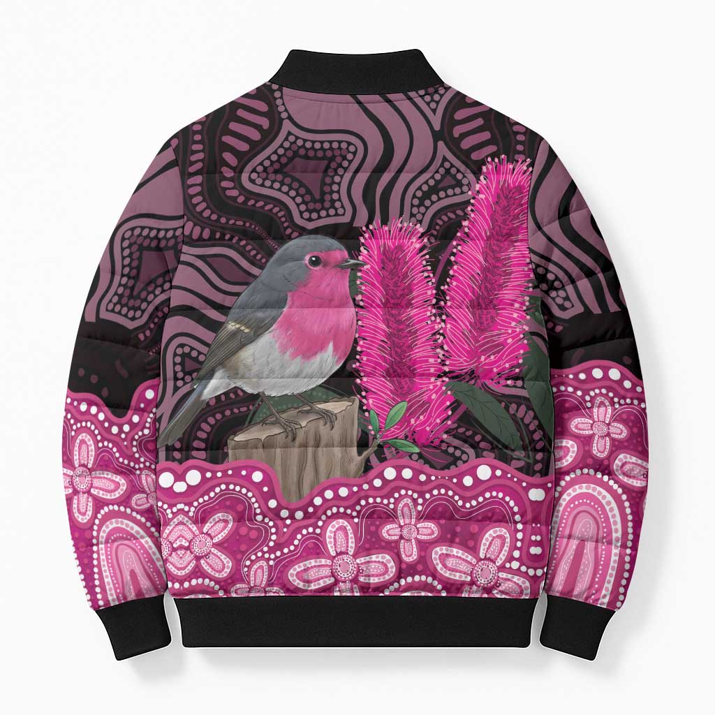 Australia Indigenous Bomber Puffer Jacket Breast Cancer Pink Robin Bottlebrush Aboriginal Art - Aussie Hoodie