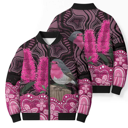 Australia Indigenous Bomber Puffer Jacket Breast Cancer Pink Robin Bottlebrush Aboriginal Art - Aussie Hoodie