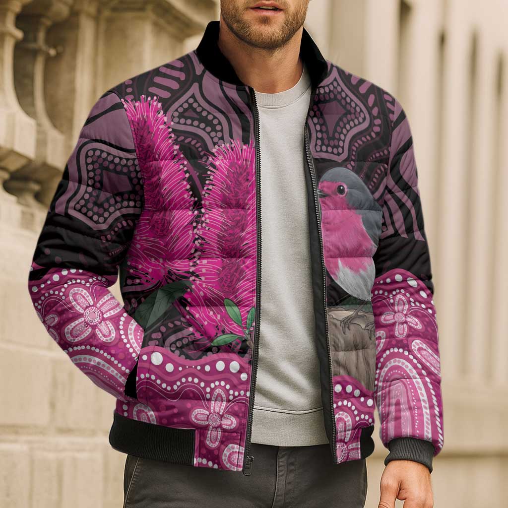 Australia Indigenous Bomber Puffer Jacket Breast Cancer Pink Robin Bottlebrush Aboriginal Art - Aussie Hoodie