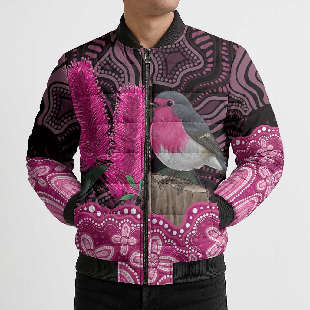 Australia Indigenous Bomber Puffer Jacket Breast Cancer Pink Robin Bottlebrush Aboriginal Art - Aussie Hoodie