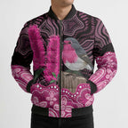 Australia Indigenous Bomber Puffer Jacket Breast Cancer Pink Robin Bottlebrush Aboriginal Art - Aussie Hoodie