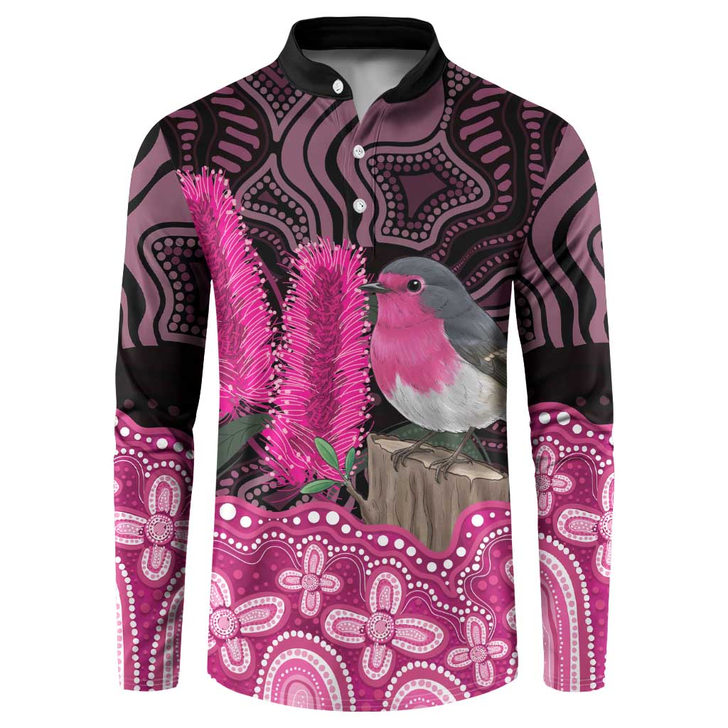Australia Indigenous Button Sweatshirt Breast Cancer Pink Robin Bottlebrush Aboriginal Art - Aussie Hoodie
