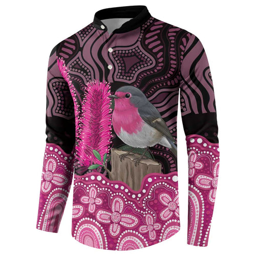 Australia Indigenous Button Sweatshirt Breast Cancer Pink Robin Bottlebrush Aboriginal Art - Aussie Hoodie