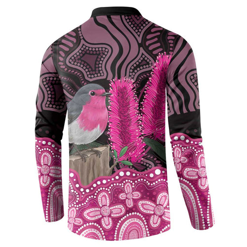 Australia Indigenous Button Sweatshirt Breast Cancer Pink Robin Bottlebrush Aboriginal Art - Aussie Hoodie