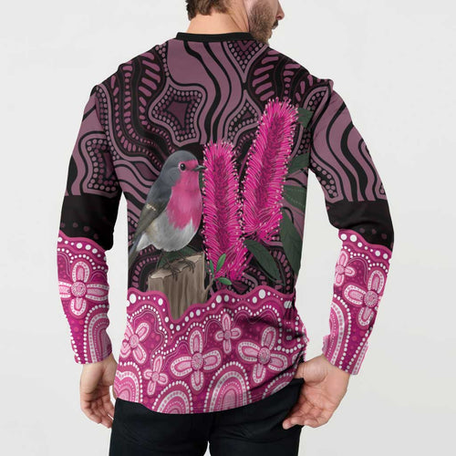 Australia Indigenous Button Sweatshirt Breast Cancer Pink Robin Bottlebrush Aboriginal Art - Aussie Hoodie
