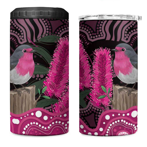 Australia Indigenous 4 in 1 Can Cooler Tumbler Breast Cancer Pink Robin Bottlebrush Aboriginal Art - Aussie Hoodie