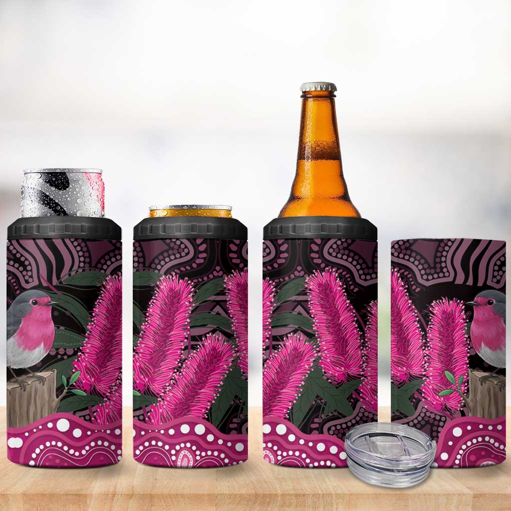 Australia Indigenous 4 in 1 Can Cooler Tumbler Breast Cancer Pink Robin Bottlebrush Aboriginal Art - Aussie Hoodie