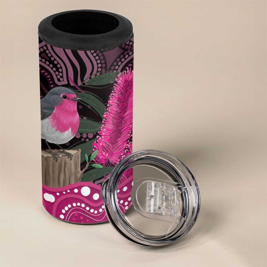 Australia Indigenous 4 in 1 Can Cooler Tumbler Breast Cancer Pink Robin Bottlebrush Aboriginal Art - Aussie Hoodie