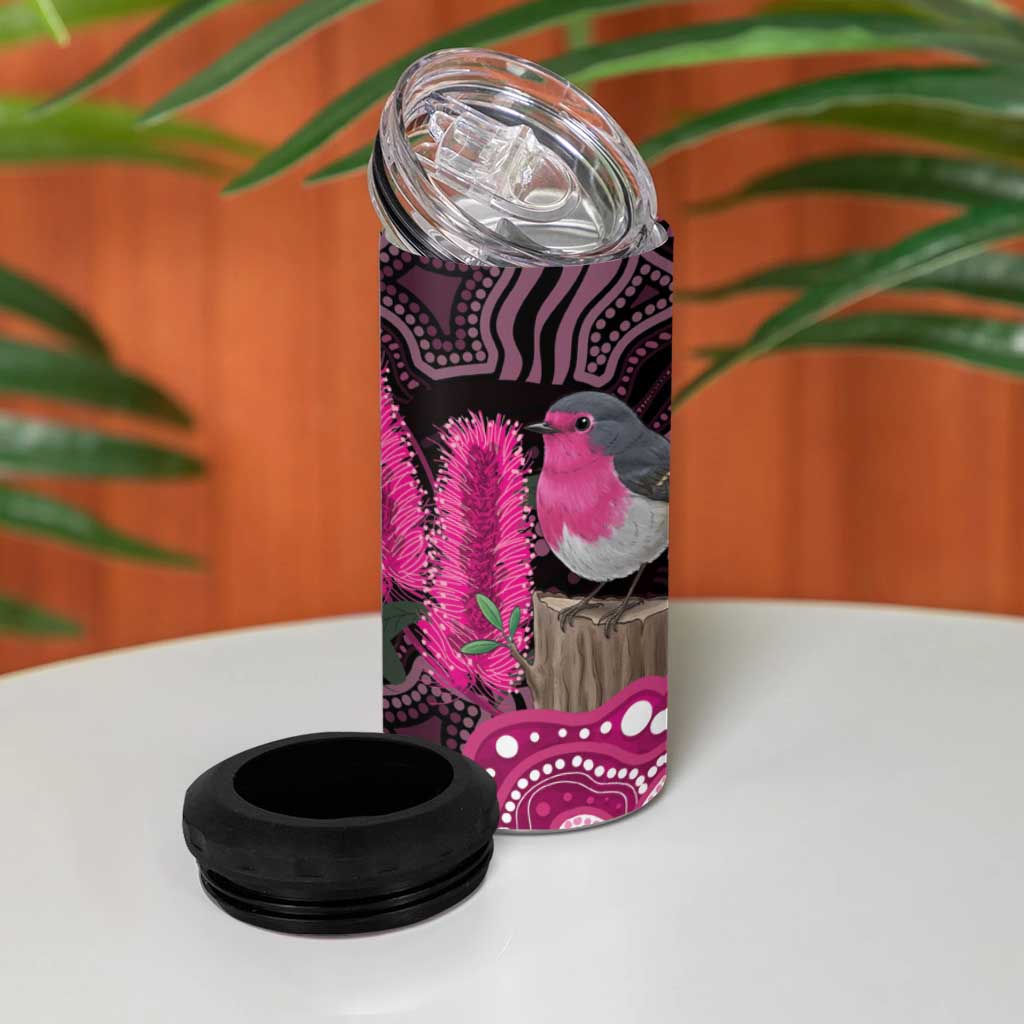 Australia Indigenous 4 in 1 Can Cooler Tumbler Breast Cancer Pink Robin Bottlebrush Aboriginal Art - Aussie Hoodie