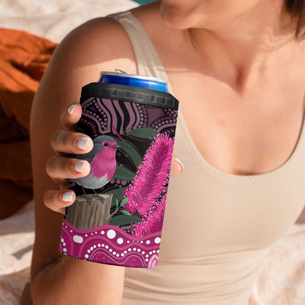 Australia Indigenous 4 in 1 Can Cooler Tumbler Breast Cancer Pink Robin Bottlebrush Aboriginal Art - Aussie Hoodie