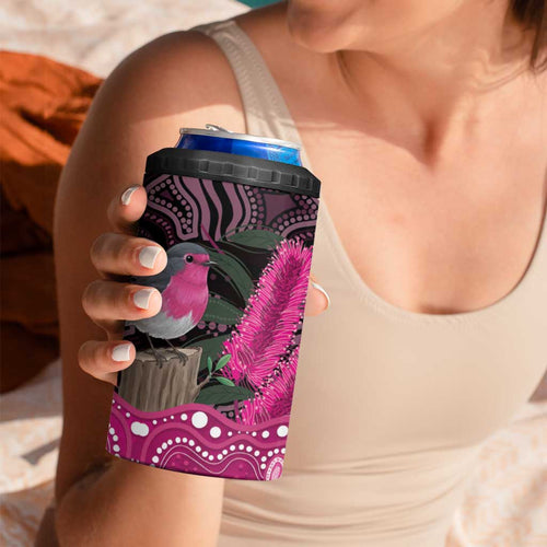 Australia Indigenous 4 in 1 Can Cooler Tumbler Breast Cancer Pink Robin Bottlebrush Aboriginal Art - Aussie Hoodie
