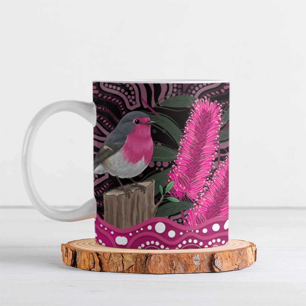 Australia Indigenous Ceramic Mug Breast Cancer Pink Robin Bottlebrush Aboriginal Art - Aussie Hoodie