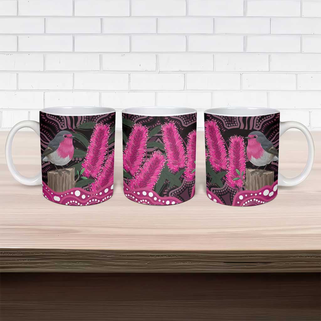 Australia Indigenous Ceramic Mug Breast Cancer Pink Robin Bottlebrush Aboriginal Art - Aussie Hoodie