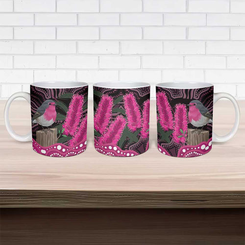 Australia Indigenous Ceramic Mug Breast Cancer Pink Robin Bottlebrush Aboriginal Art - Aussie Hoodie