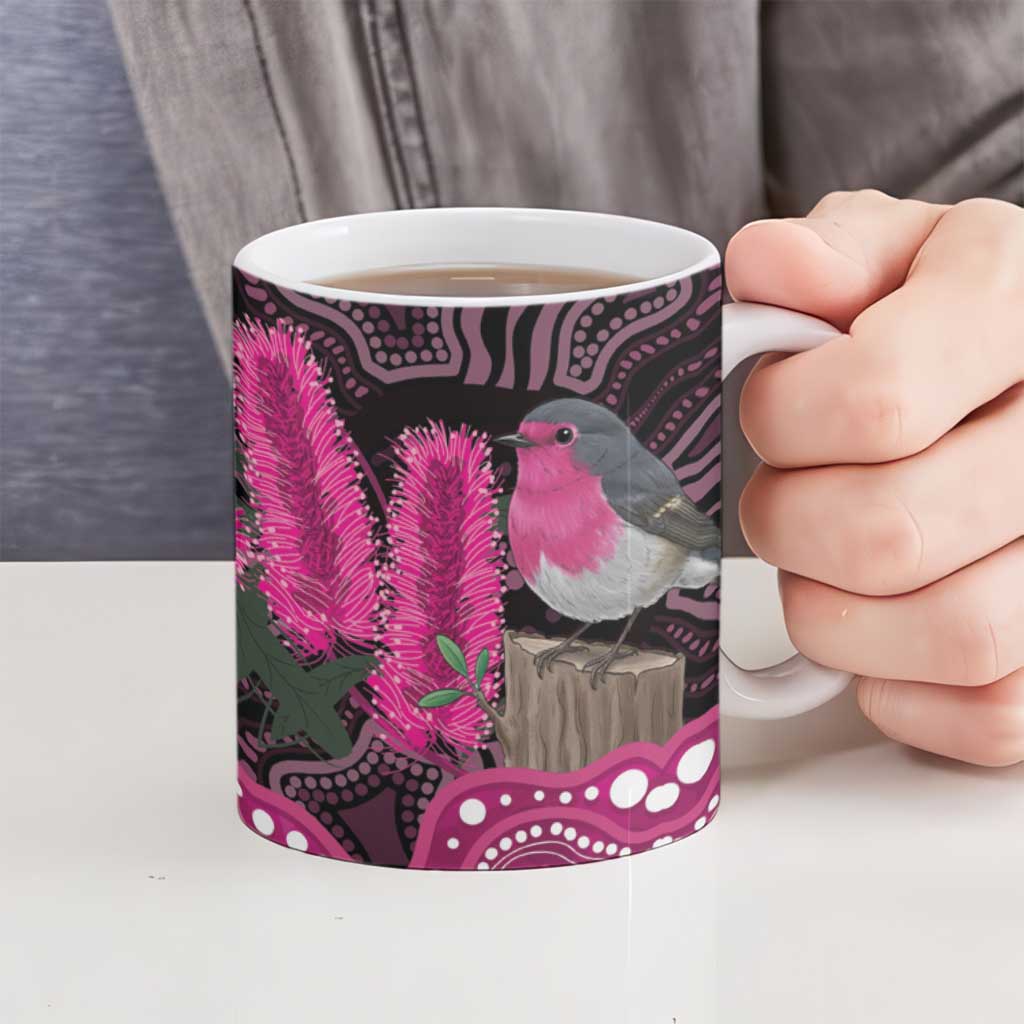 Australia Indigenous Ceramic Mug Breast Cancer Pink Robin Bottlebrush Aboriginal Art - Aussie Hoodie