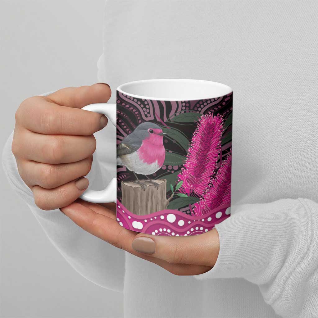 Australia Indigenous Ceramic Mug Breast Cancer Pink Robin Bottlebrush Aboriginal Art - Aussie Hoodie