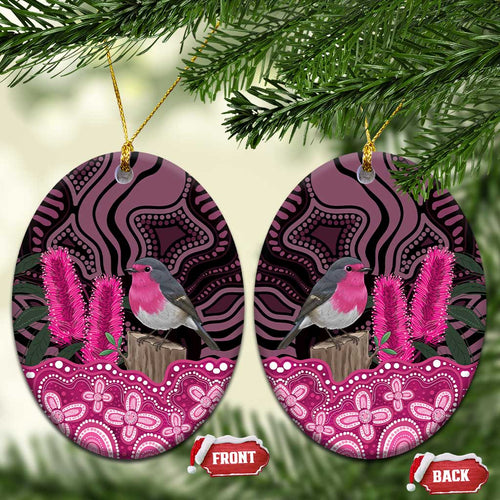 Australia Indigenous Ceramic Ornament Breast Cancer Pink Robin Bottlebrush Aboriginal Art - Aussie Hoodie