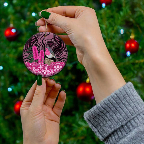 Australia Indigenous Ceramic Ornament Breast Cancer Pink Robin Bottlebrush Aboriginal Art - Aussie Hoodie