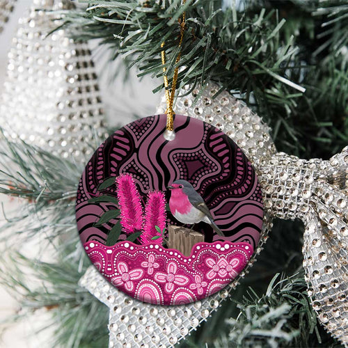 Australia Indigenous Ceramic Ornament Breast Cancer Pink Robin Bottlebrush Aboriginal Art - Aussie Hoodie