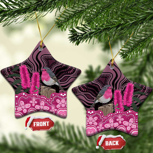 Australia Indigenous Ceramic Ornament Breast Cancer Pink Robin Bottlebrush Aboriginal Art - Aussie Hoodie