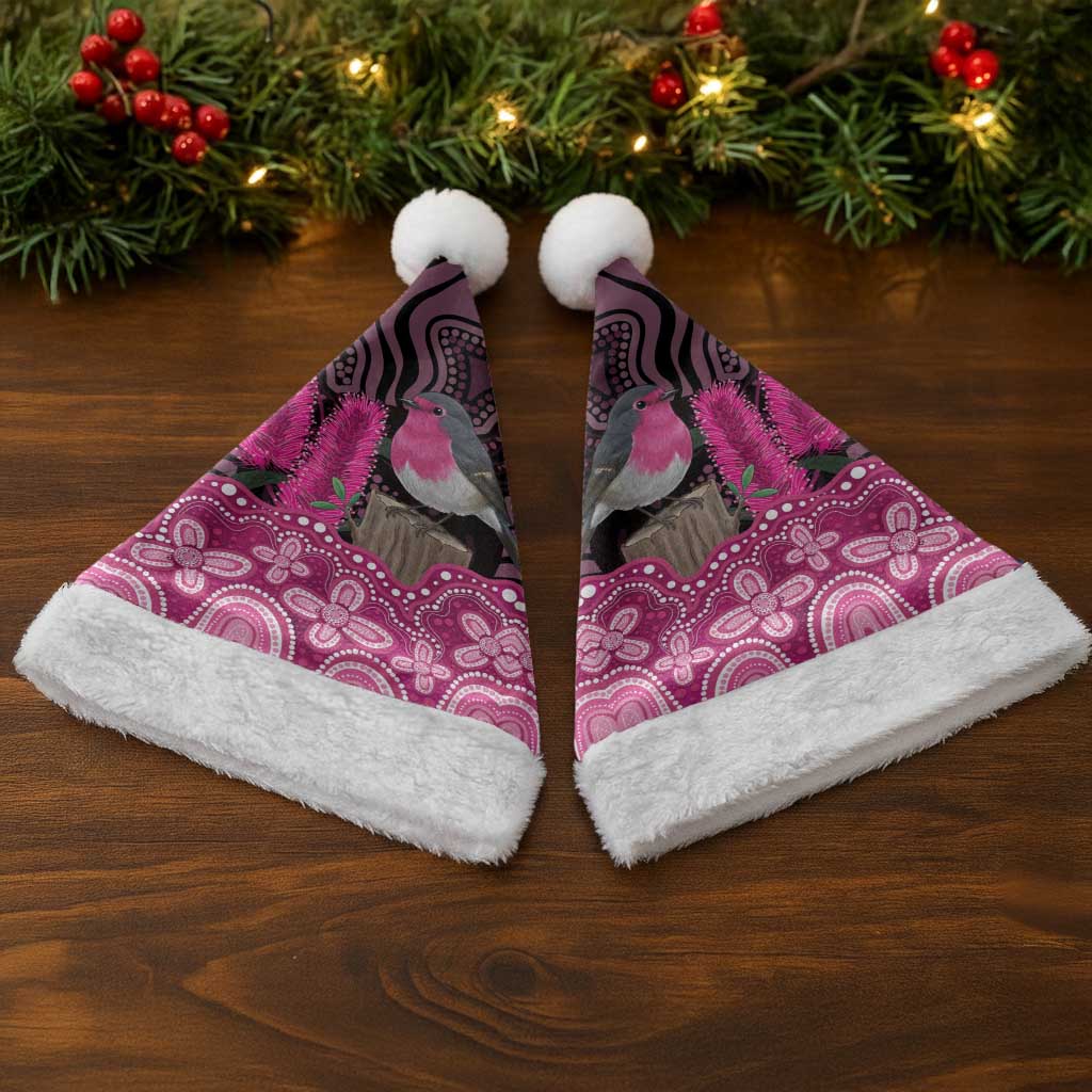 Australia Indigenous Christmas Santa Hat Breast Cancer Pink Robin Bottlebrush Aboriginal Art - Aussie Hoodie